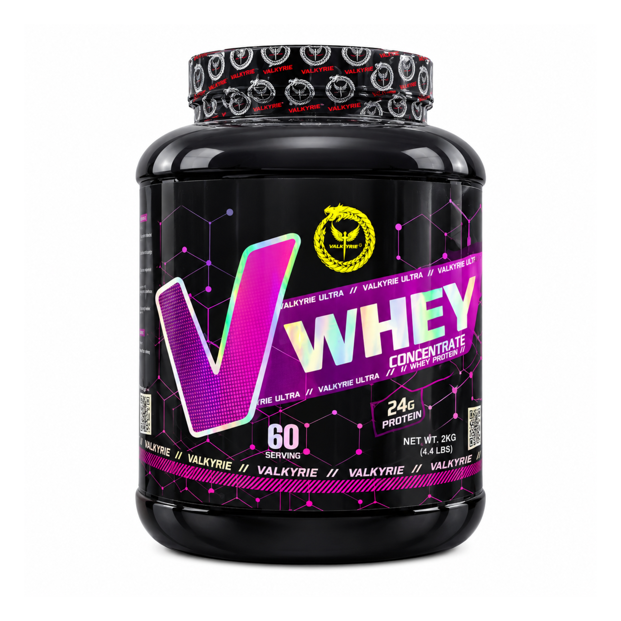 Valkyrie Premium whey protein concentrate with 24g protein per serving to support muscle growth, strength, recovery, and daily nutrition.