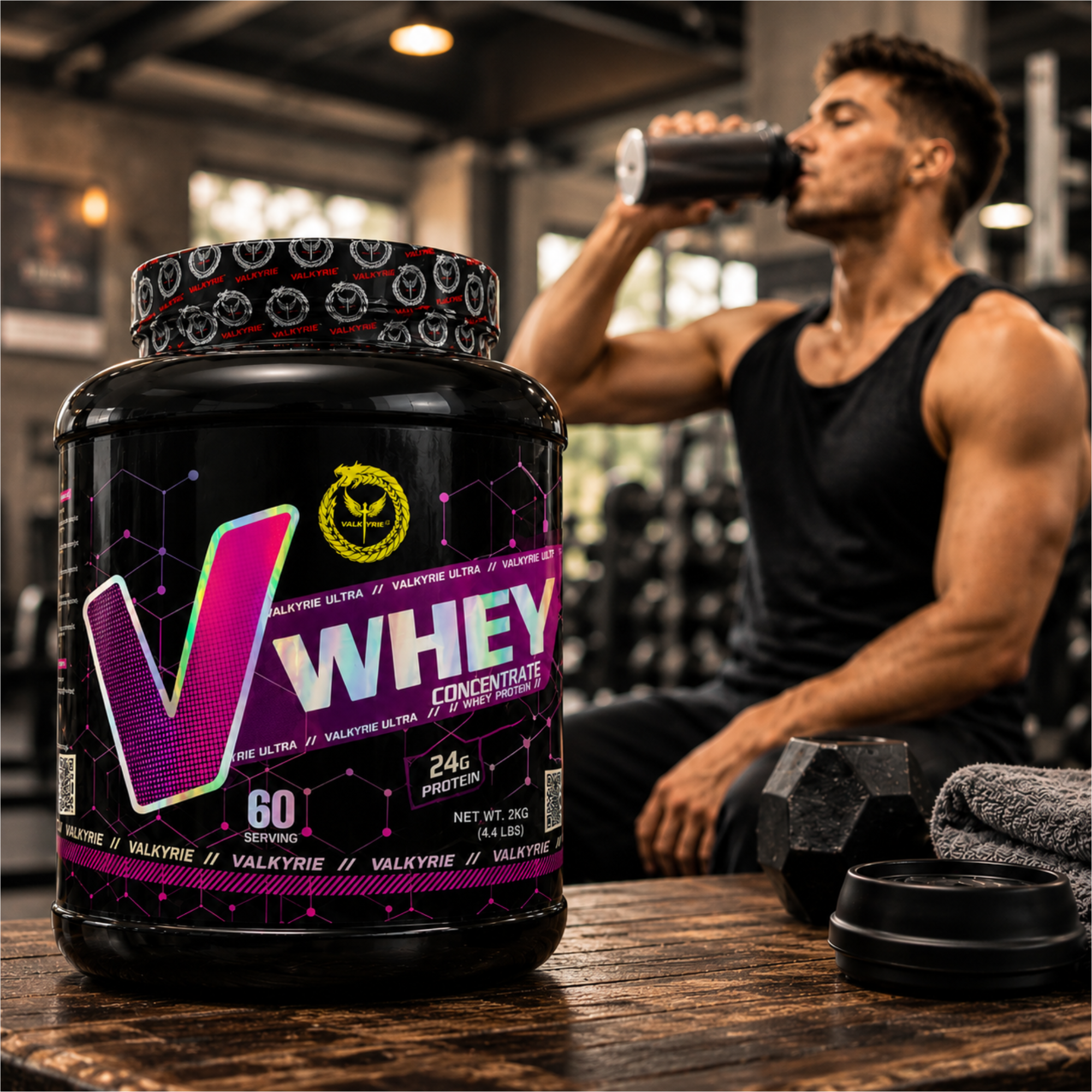 Valkyrie Premium whey protein concentrate with 24g protein per serving to support muscle growth, strength, recovery, and daily nutrition.