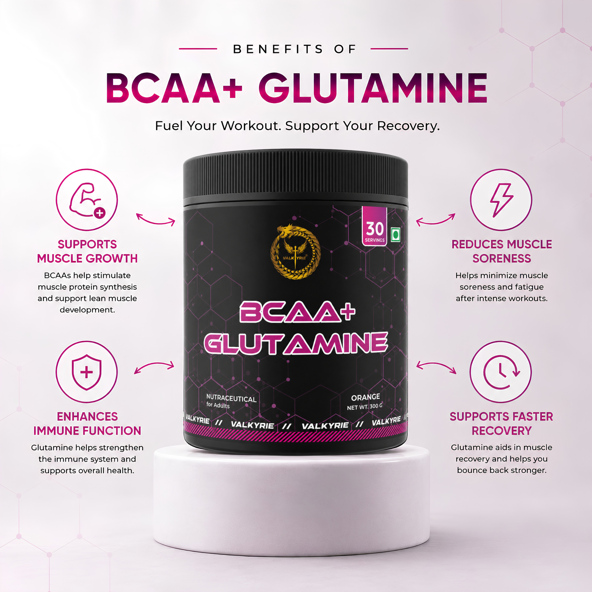 Valkyrie BCAA + Glutamine 300g – Orange Flavour | Amino Acids for Muscle Recovery & Performance