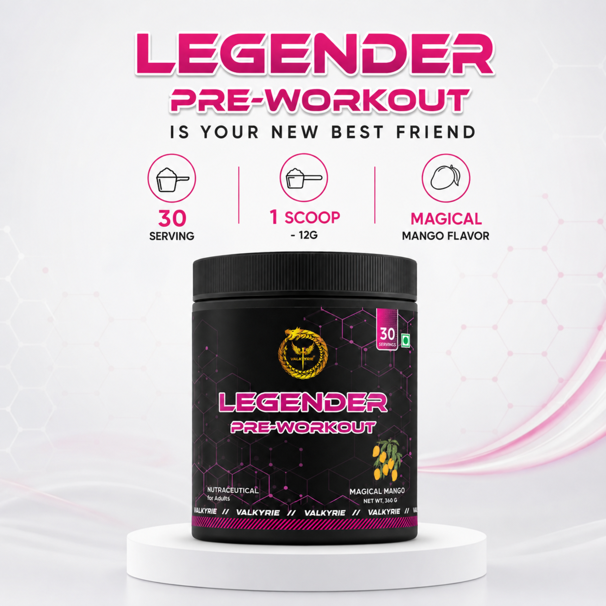 Valkyrie Legender Pre-Workout – Citrulline, Beta-Alanine, Magical Mango, 360g, 30 Servings