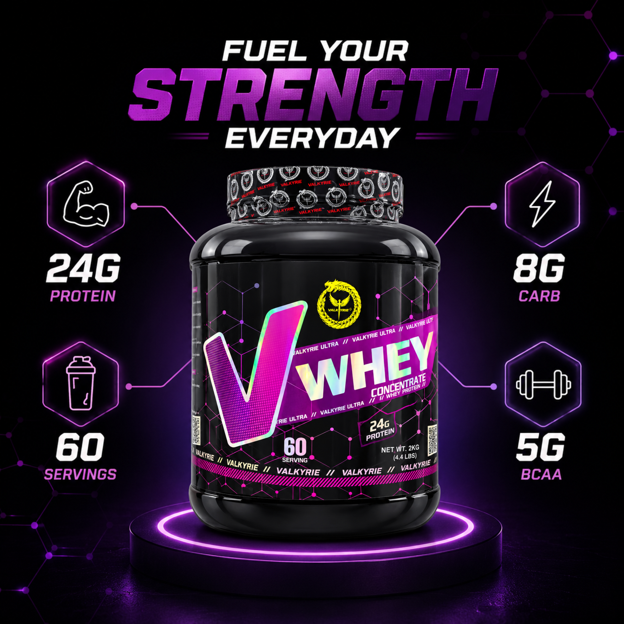 Valkyrie Premium whey protein concentrate with 24g protein per serving to support muscle growth, strength, recovery, and daily nutrition.