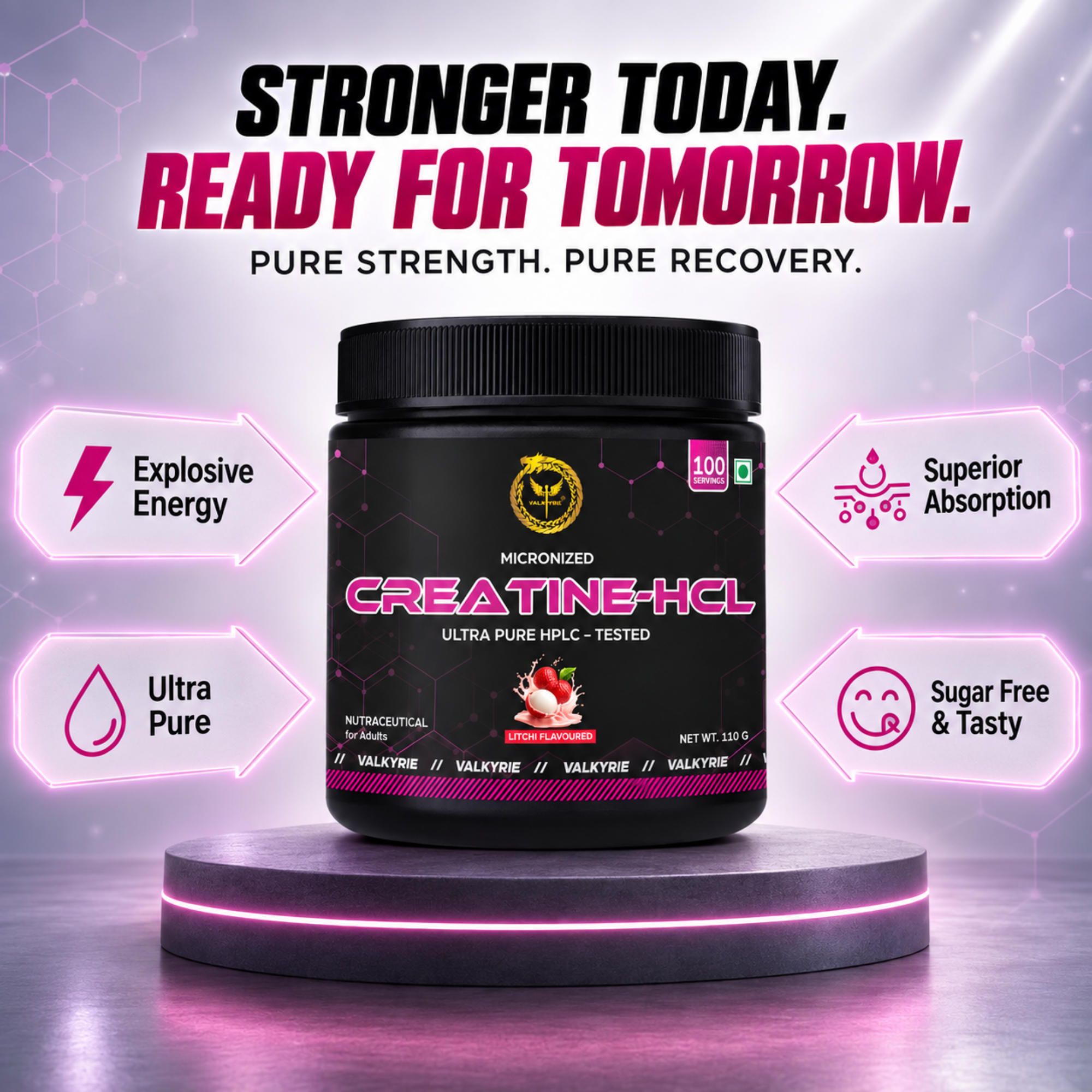 Valkyrie Litchi Micronised Creatine Monohydrate – Strength, Power & Muscle Performance | Fast-Mixing Creatine Powder