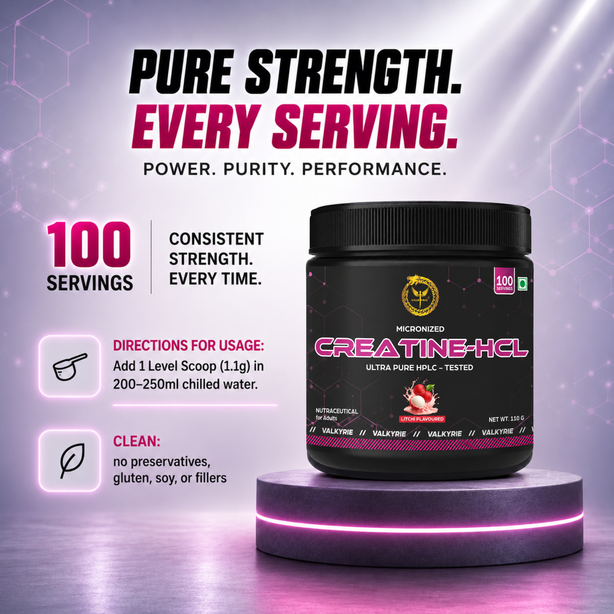 Valkyrie Litchi Micronised Creatine Monohydrate – Strength, Power & Muscle Performance | Fast-Mixing Creatine Powder