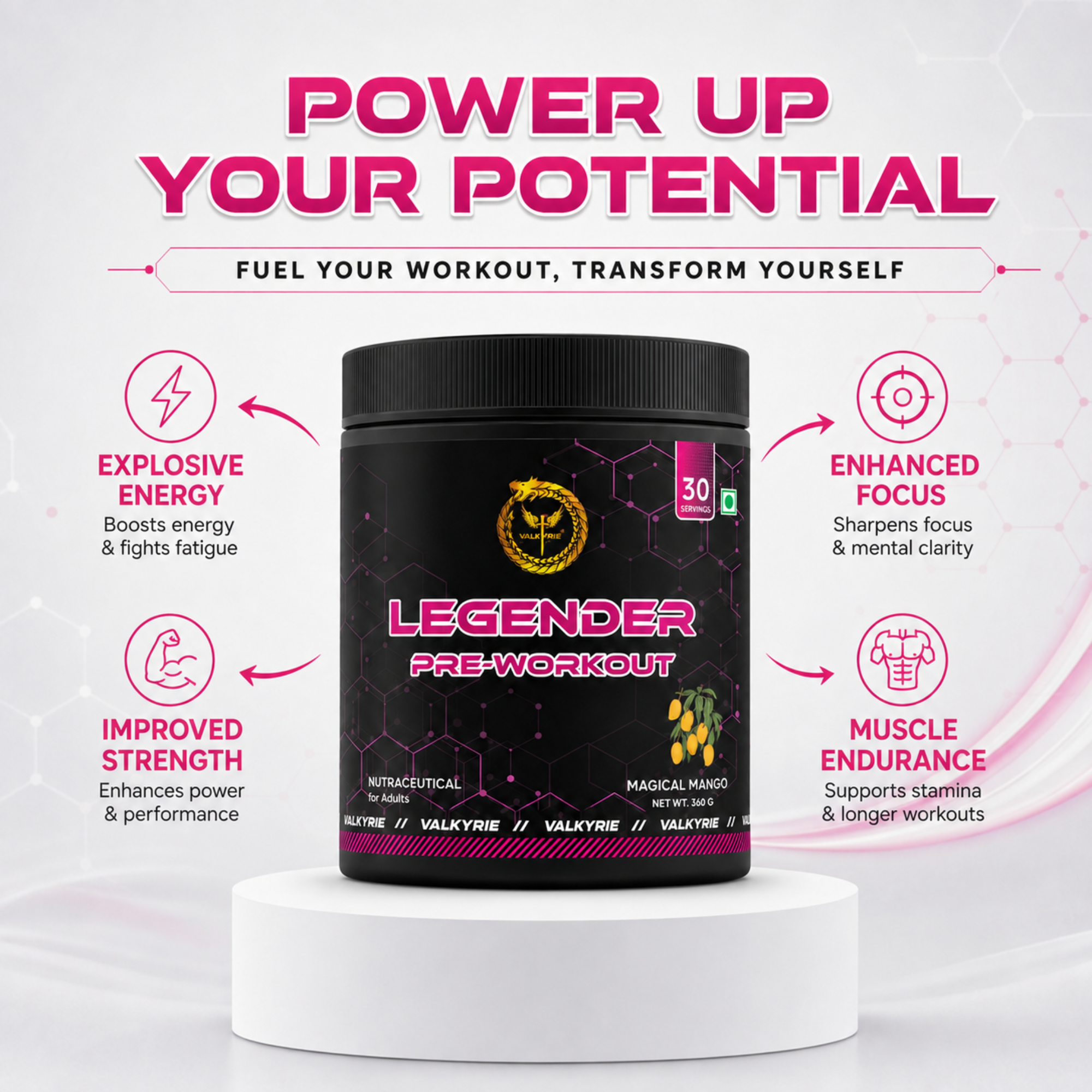 Valkyrie Legender Pre-Workout – Citrulline, Beta-Alanine, Magical Mango, 360g, 30 Servings