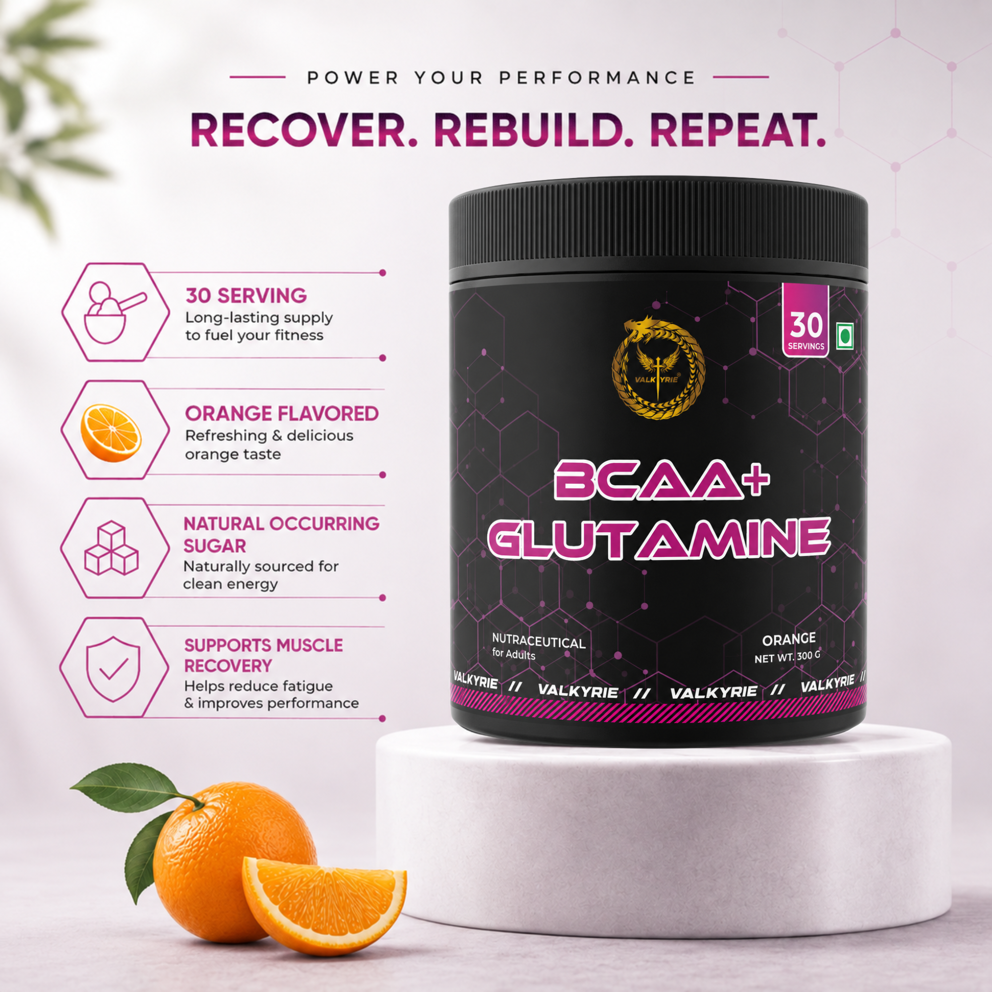 Valkyrie BCAA + Glutamine 300g – Orange Flavour | Amino Acids for Muscle Recovery & Performance