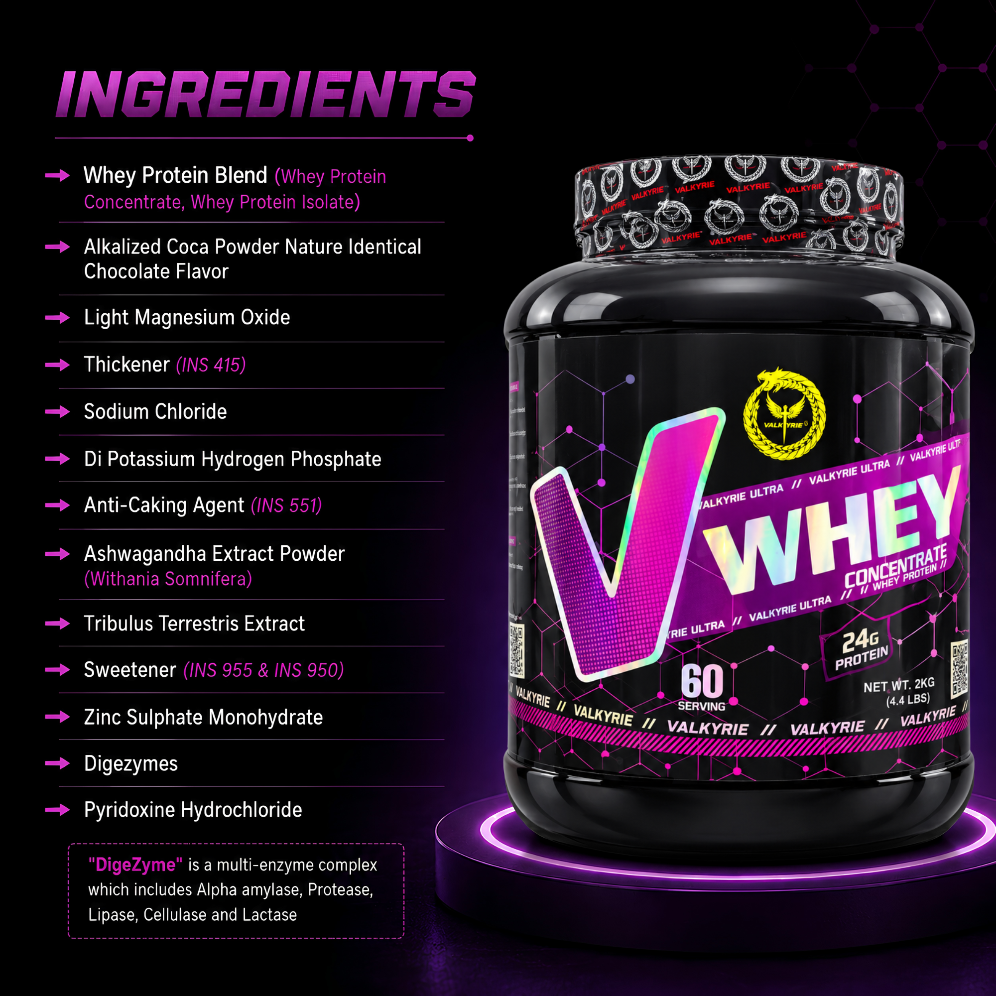 Valkyrie Premium whey protein concentrate with 24g protein per serving to support muscle growth, strength, recovery, and daily nutrition.