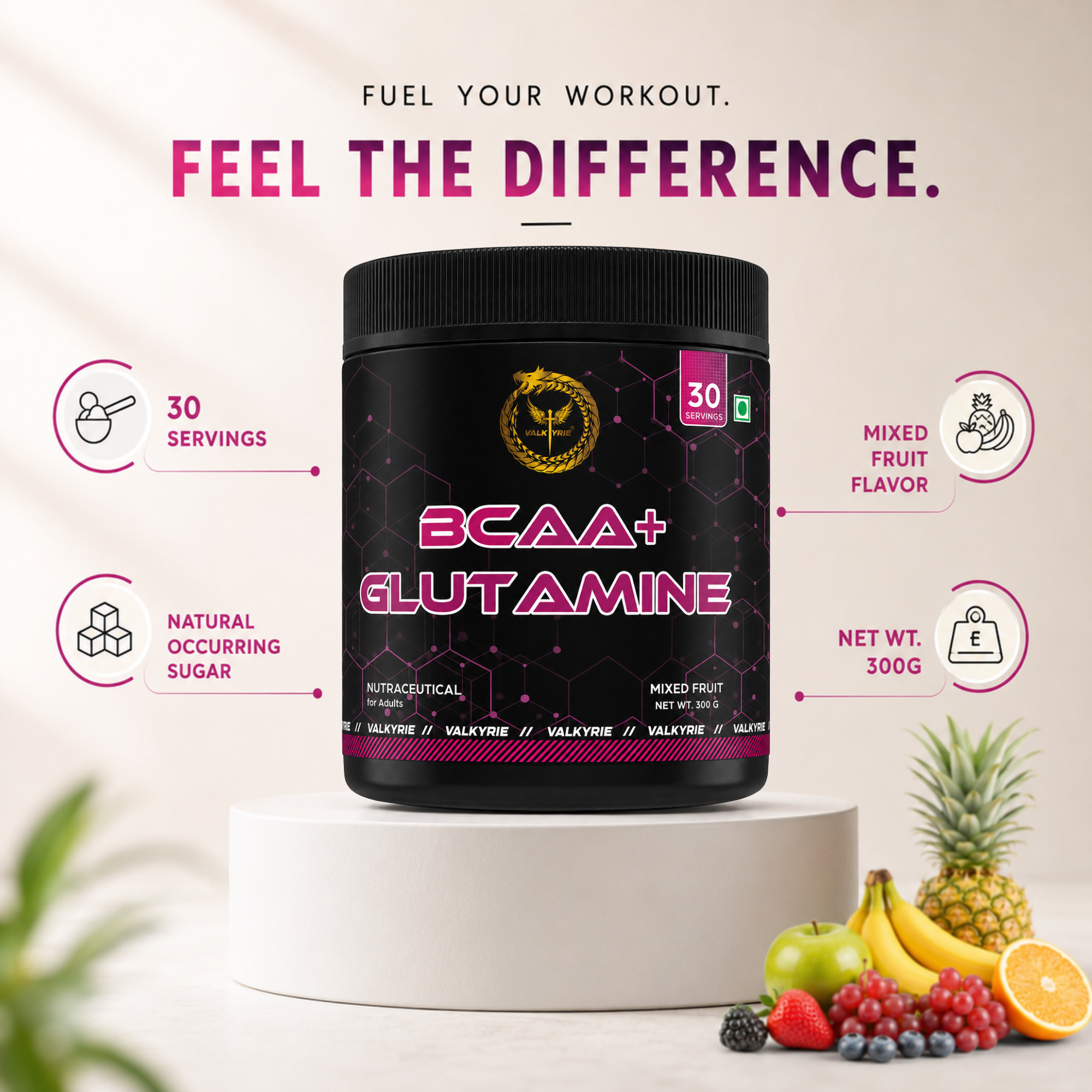 Valkyrie BCAA + Glutamine Mixed Fruit 300g | 5g BCAA & 2g Glutamine Per Serving